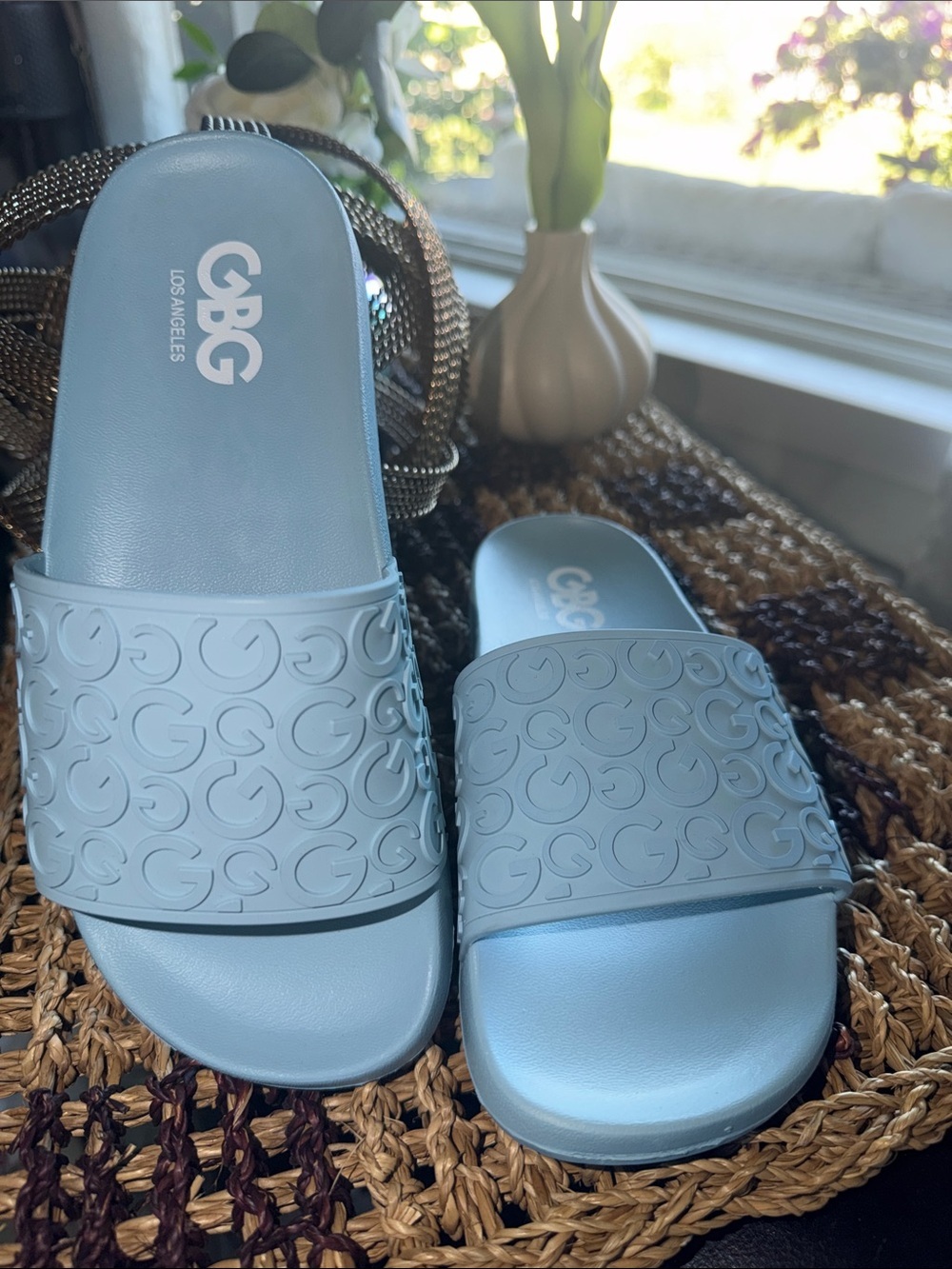 GBG Los Angeles Baby Blue Embossed Logo Slide Sandals